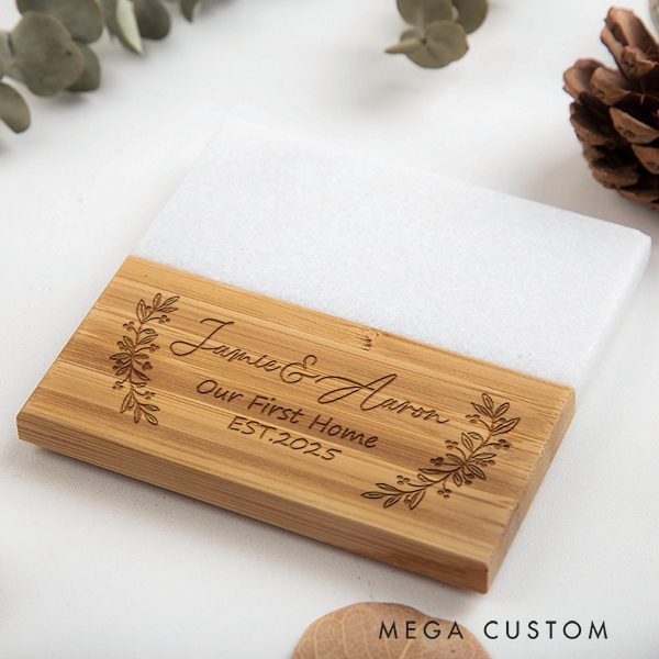 Personalized Marble and Wood Coaster Our First Home Floral Accent Coaster Couple Coasters Wedding Housewarming Gift New Home Gift Anniversary Gift