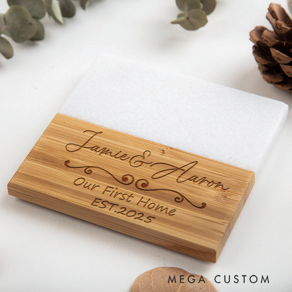 Personalized Coasters Custom Marble and Wood Coaster Our First Home for Couple Coasters New Home Gift Anniversary Gift Wedding Housewarming Gift