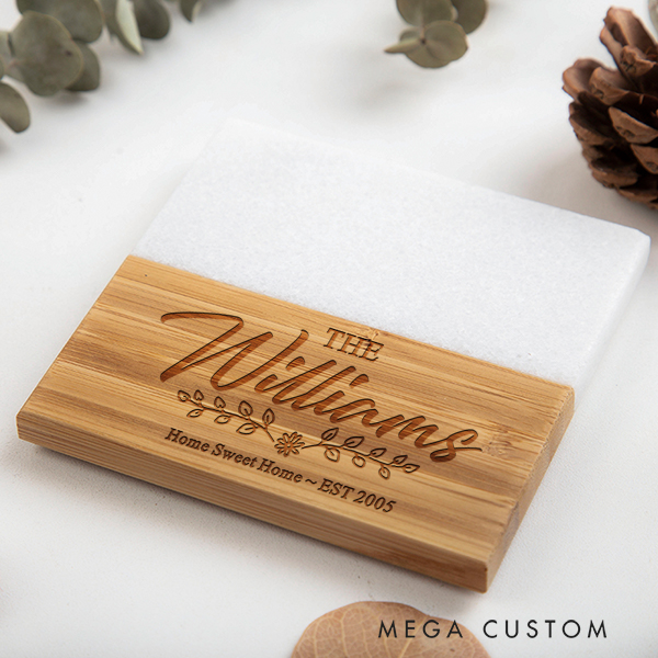 Personalized Engraved Coasters Wedding Housewarming Gift Custom Marble and Wood Coaster Home Sweet Home Couple Gift Valentines Gift New Home Gift 