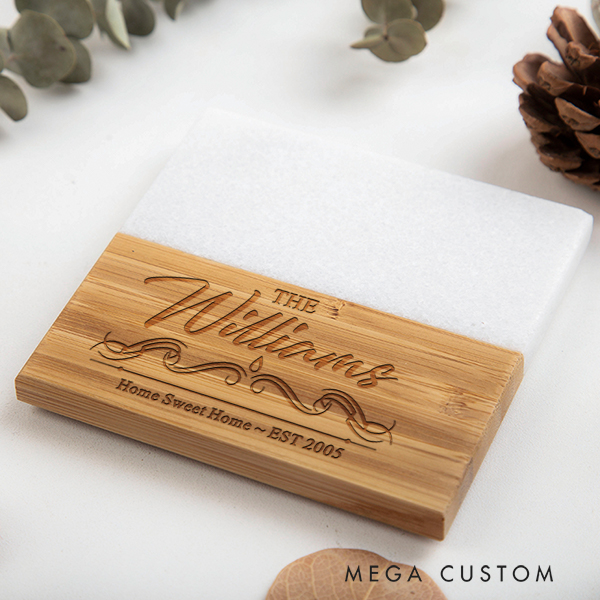 Personalized Coasters Wedding Housewarming Gift Custom Marble and Wood Coaster Engraved Home Sweet Home Couple Gift New Home Gift Moving Gifts