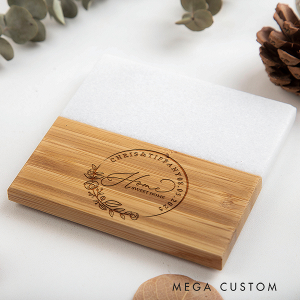 Personalized Engraved Marble and Wood Coaster Housewarming Gift New Home Gift for Couple Custom Wedding Coasters Moving Gifts Housewarming Keepsake
