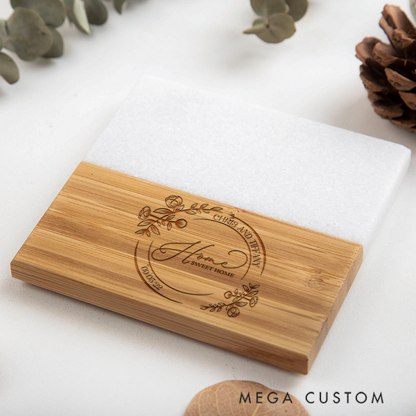 Personalized Marble And Wood Coaster Elegant Floral Home Coaster Housewarming Gift New Home Gift for Couple Housewarming Party Gifts Home Sweet Home