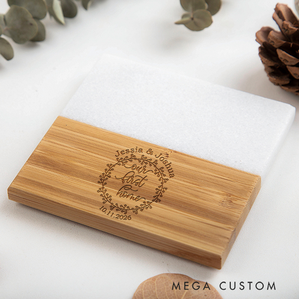 Personalized Marble and Wood Coaster First Home Wreath Coaster Elegant Housewarming Gift New Home Gift Our First Home for Couple Anniversary Gift