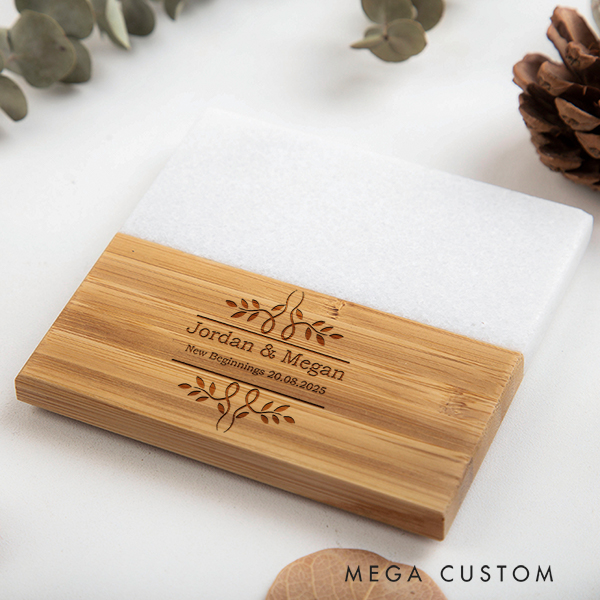 Personalized Marble and Wood Coaster Elegant New Beginnings Coaster Wedding Housewarming Gift Engraved Engagement Gift for Couple New Home Gift