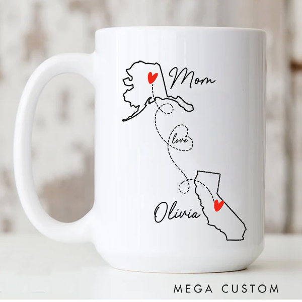 Personalized Mother Daughter Long Distance State Mug Hearts Over Cities Daughter Gift Housewarming Gift Moving Away Gift For Mom and Daughter Mother