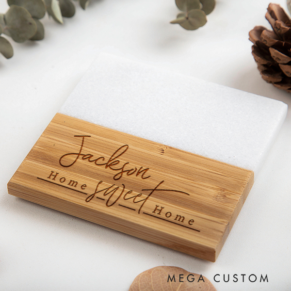 Personalized Coasters Wedding Housewarming Gift Custom Marble and Wood Coaster Home Sweeet Home Engraved Engagement Gift for Couple New Home Gift