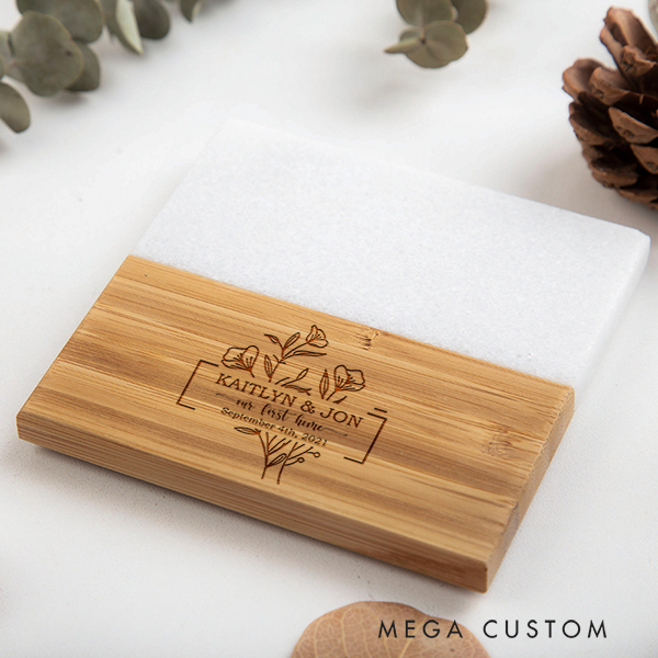 Personalized Marble and Wood Coaster Floral First Home Coaster Wedding Housewarming Gift New Home Gift for Couple Coasters Anniversary Gift