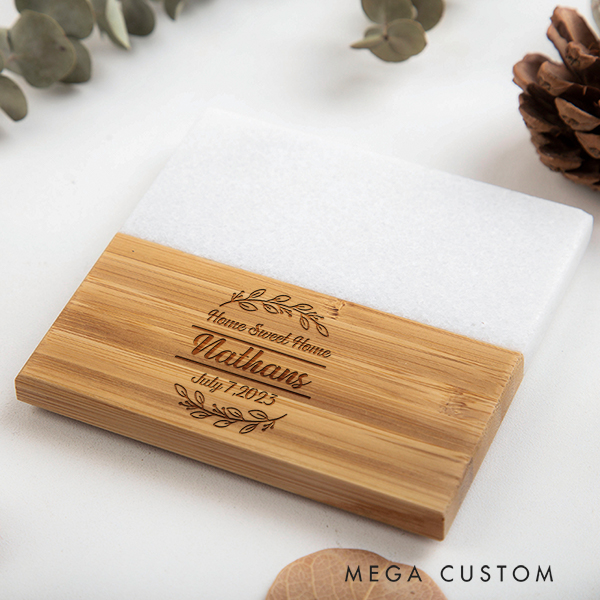 Personalized Coasters Wedding Housewarming Gift Custom Marble and Wood Coaster Home Sweet Home Housewarming Keepsake Engagement Gift for Couple