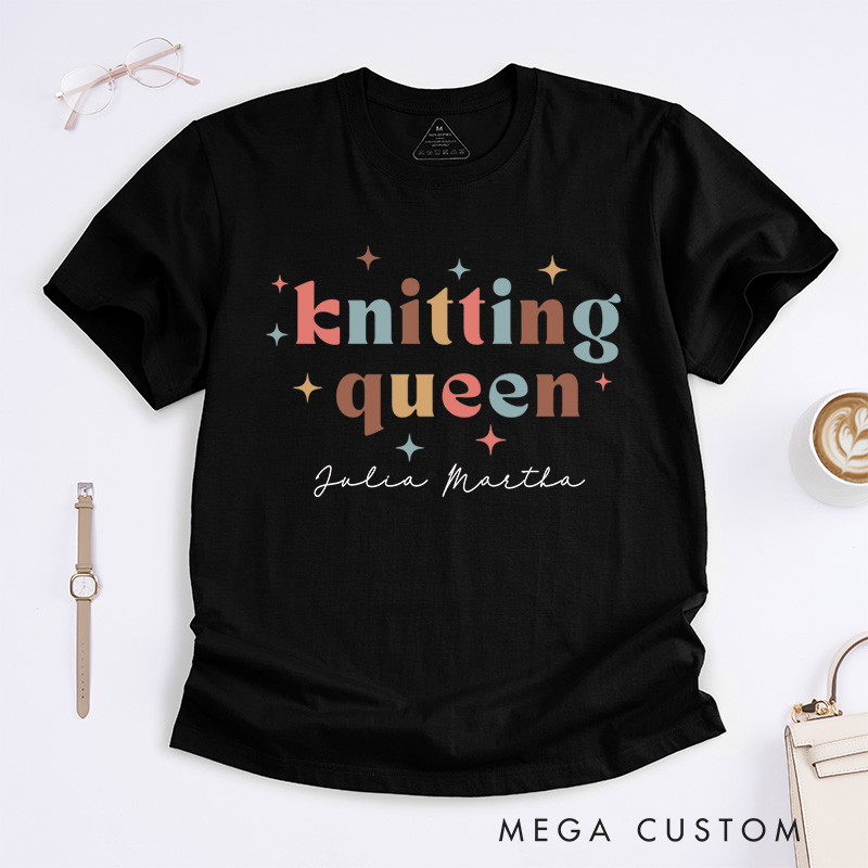 Personalized Knitting Queen Classic T-Shirts Knitter Shirt Colorful TShirt Womens Comfy Top Bright Words Tee Unique Font Shirt