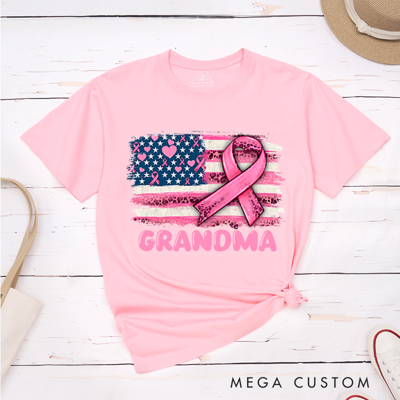 Personalized Pink Ribbon American Flag Breast Cancer T-Shirt Cancer Survivor Gift