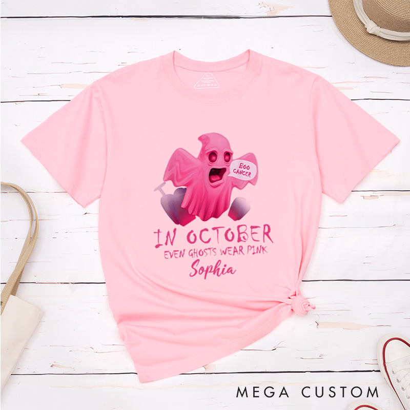 Personalized Breast Cancer Awareness T-Shirt in October Even Ghosts Wear Pink Cancer Support Gift Halloween Gift