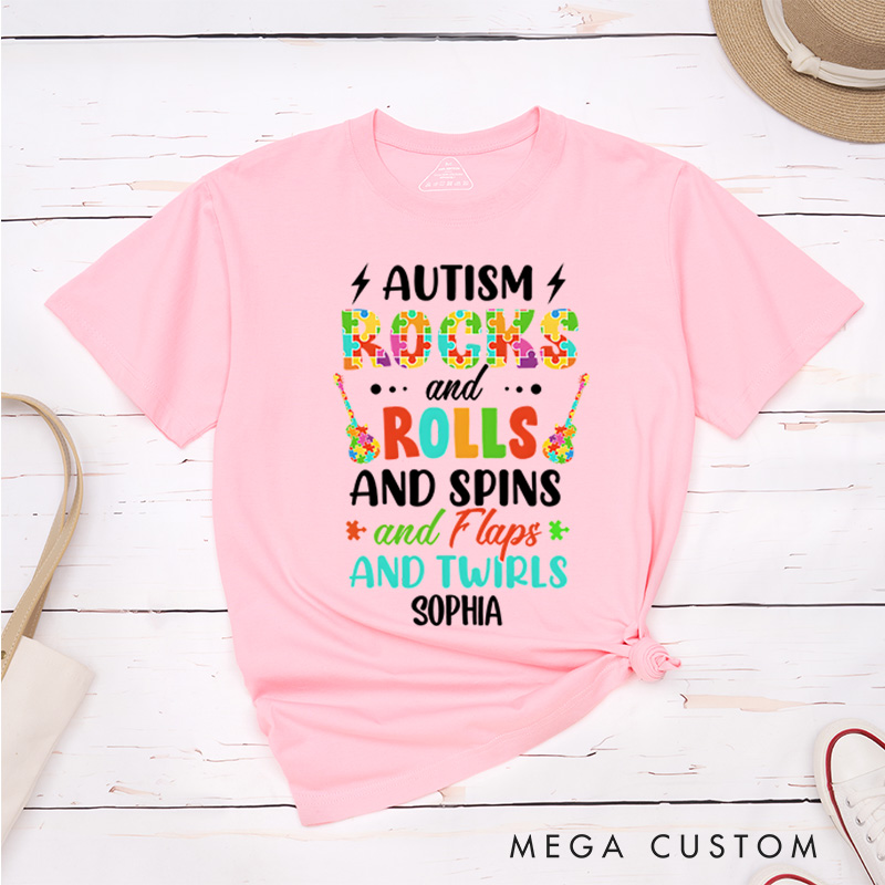 Personalized Autism Rocks and Rolls Spins Flaps and Twirls Shirt Funny Autism Awareness Month Gift