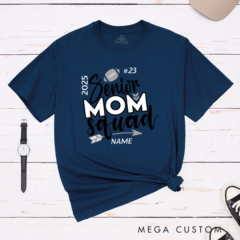Personalized Senior Mom Squad T-Shirts for American Football and Rugby, Featuring Your Custom Design