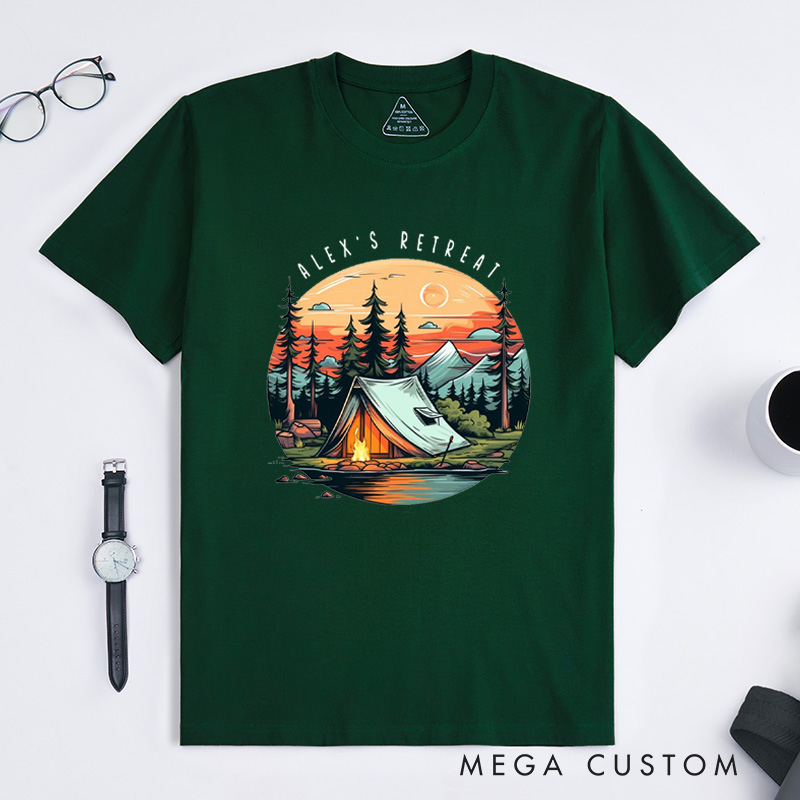 Personalized Camping Outdoors Mountain T-Shirt Forest Campfire and Tent T-Shirt for Nature Traveling Outdoors Lover Gift