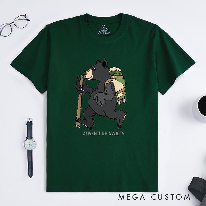 Personalized Backpacking Bear T-Shirt Walking Black Bear With Green Backpack Camping Adventure Mountain T-Shirt for Nature Travelers Outdoors Lover Gift