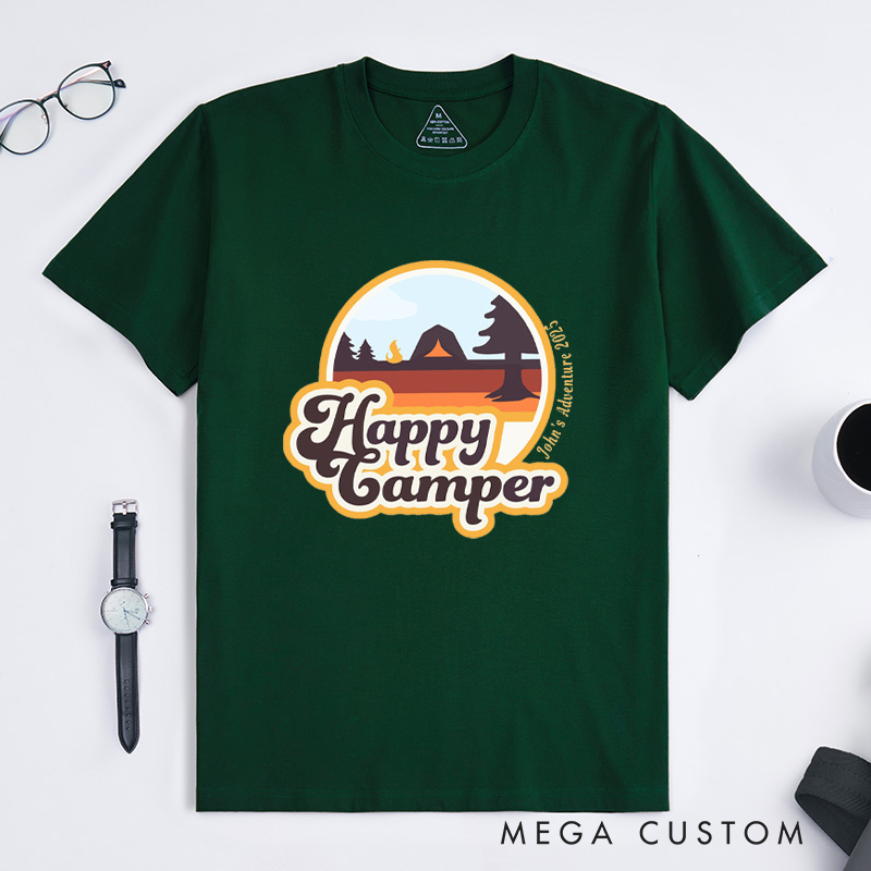 Personalized Happy Camper T-Shirt Hiking Camping Adventure T-Shirt for Nature Travelers Outdoors Lover Gift