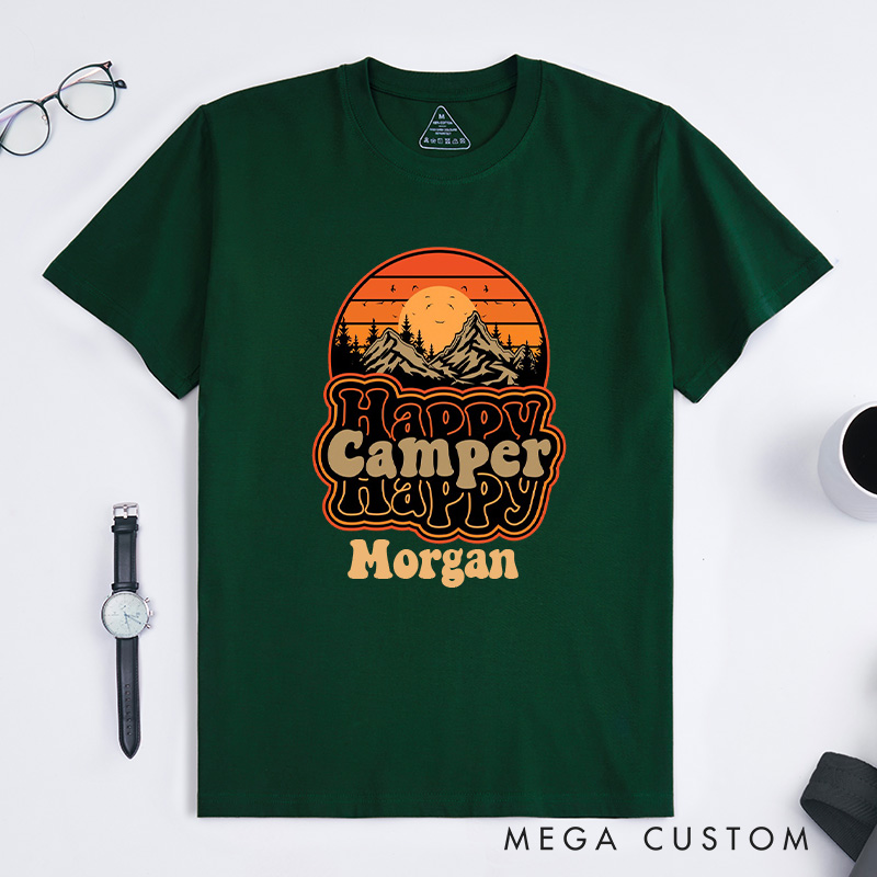 Personalized Happy Camper Retro Mountain SunseT-Shirt Camping Adventure Shirt for Nature Travelers Outdoors Lover Gift