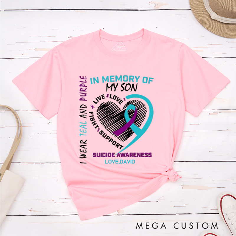Personalized I Wear Teal and Purple In Memory of My Son T-Shirt Memory Gift Suicide Awareness Gift