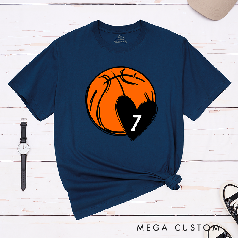 Personalized Basketball T-Shirt with Heart and Custom Jersey Number Design Perfect for Basketball Fans and Players