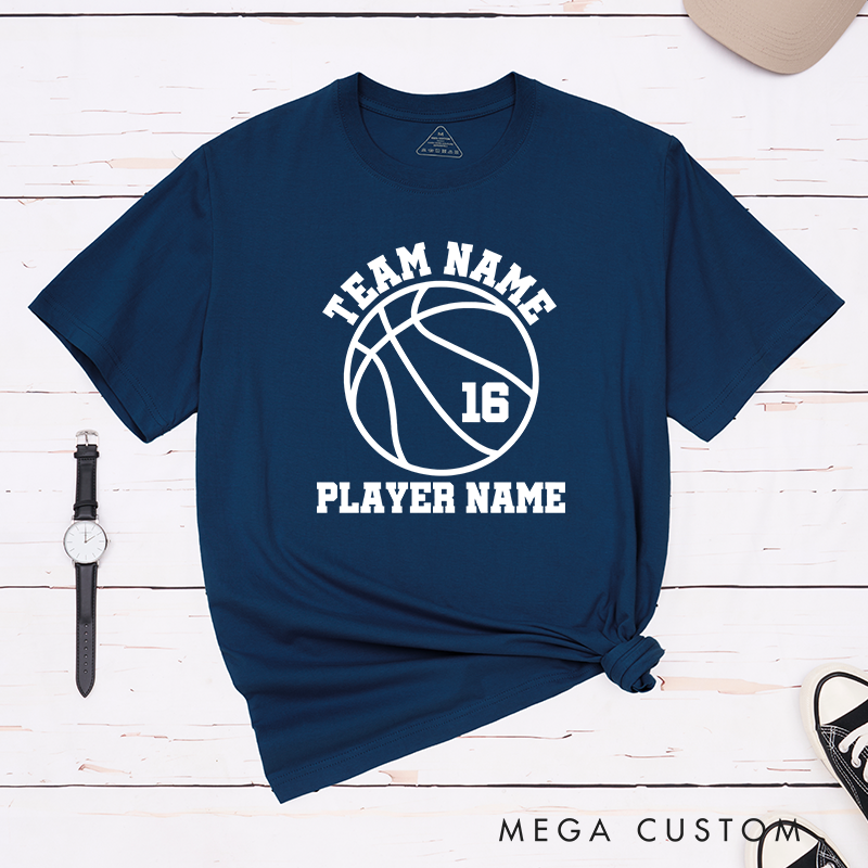 Personalized Basketball Team T-Shirt with Custom Team Name Player Name Jersey Number and Bold Graphic Design
