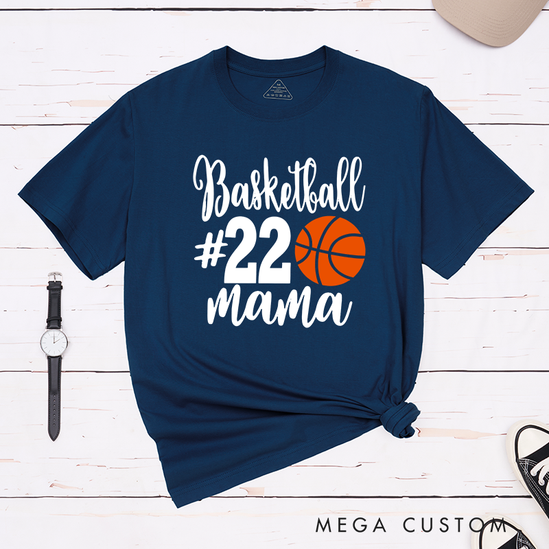 Personalized Basketball Mama T-Shirt with Custom Jersey Number Bold Basketball Graphic and Stylish Script Design for Proud Moms