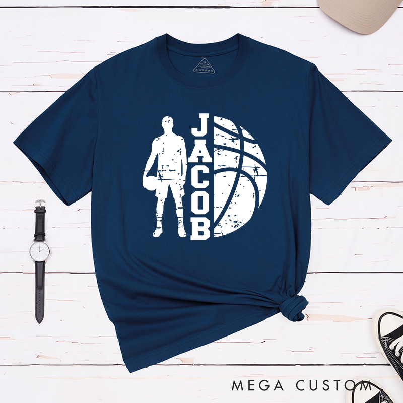 Personalized Basketball T-Shirt Design Featuring Player Silhouette Bold Basketball Graphic and Custom Name for Sports Fans