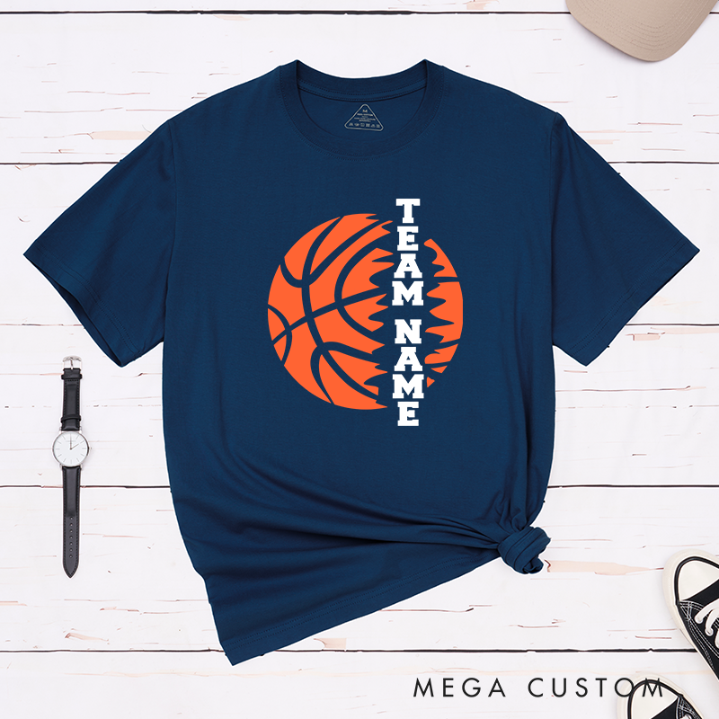 Personalized Basketball Team T-Shirt Design Featuring Custom Team Name Vertical Bold Text Flaming Orange Basketball Graphic