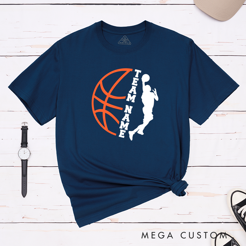 Personalized Basketball Team T-Shirt Design Featuring Custom Team Name Player Silhouette Bold Orange Basketball Graphic