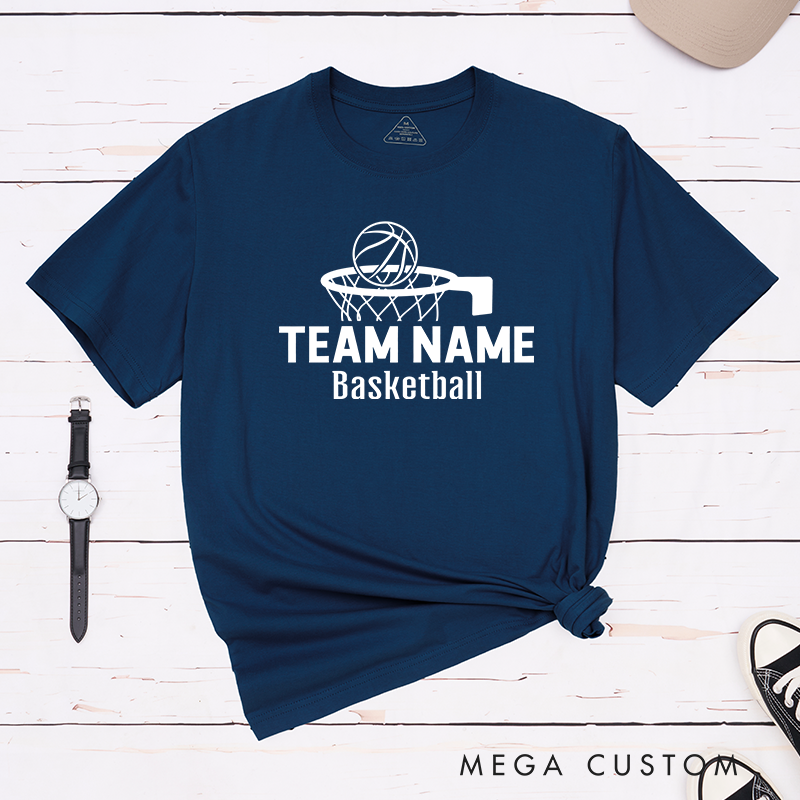 Personalized Basketball T-Shirt Design Showcasing Custom Team Name Bold Basketball Hoop Graphic Dynamic Ball Illustration and Clean Text Layout