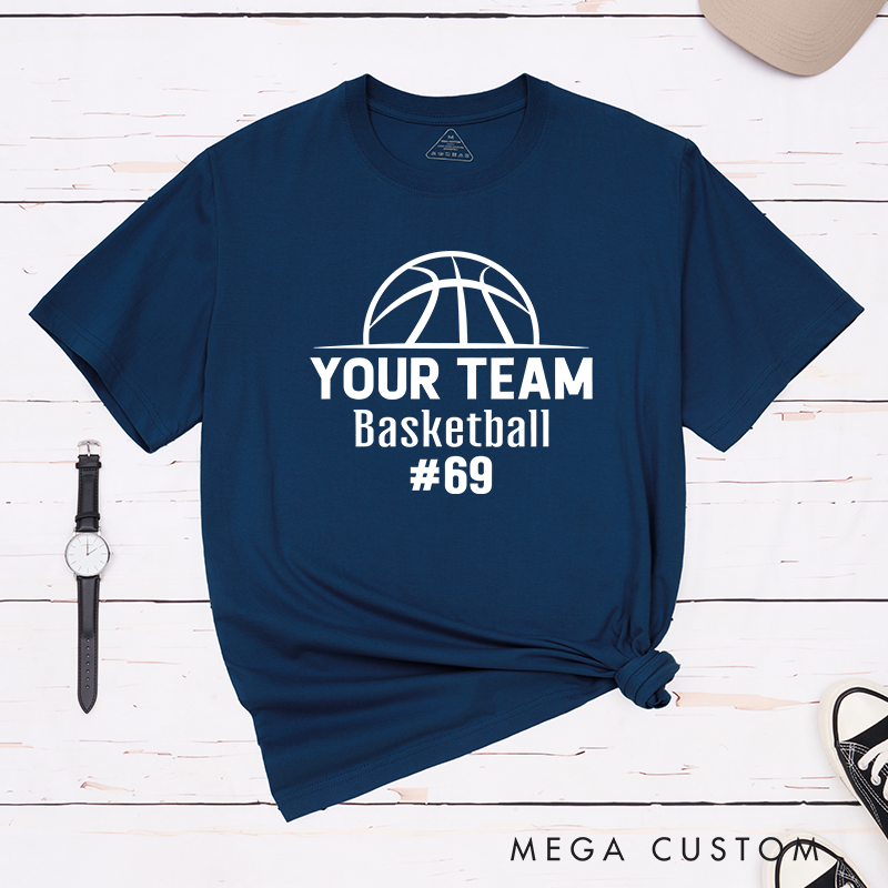Personalized Basketball T-Shirt Design Showcasing Custom Team Name Bold Basketball Graphic Sleek Text Layout and Prominent Player Number Display
