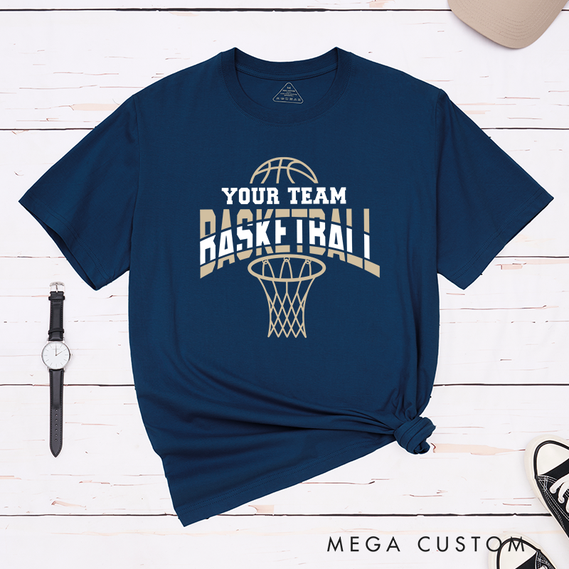 Personalized Basketball T-Shirt Design Featuring Custom Team Name Bold Arched "Basketball" Text Dynamic Hoop Graphic and Stylish Basketball Accent
