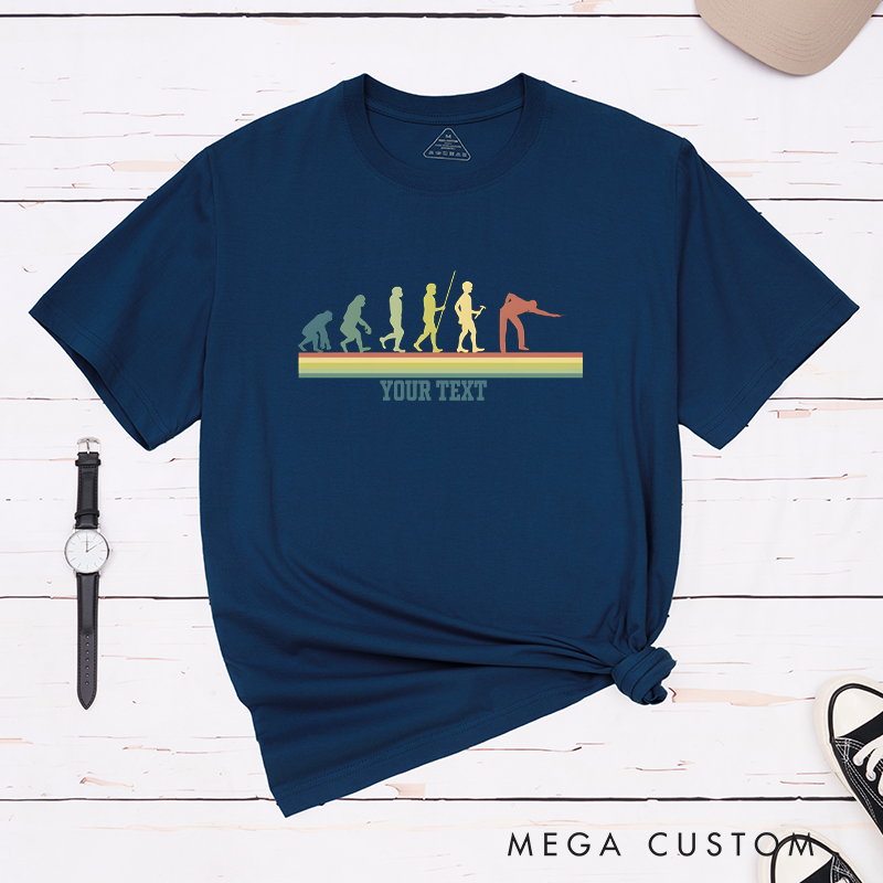 Personalized Billiards, Pool, and Snooker Retro Evolution T-Shirts with Custom Text on the Front