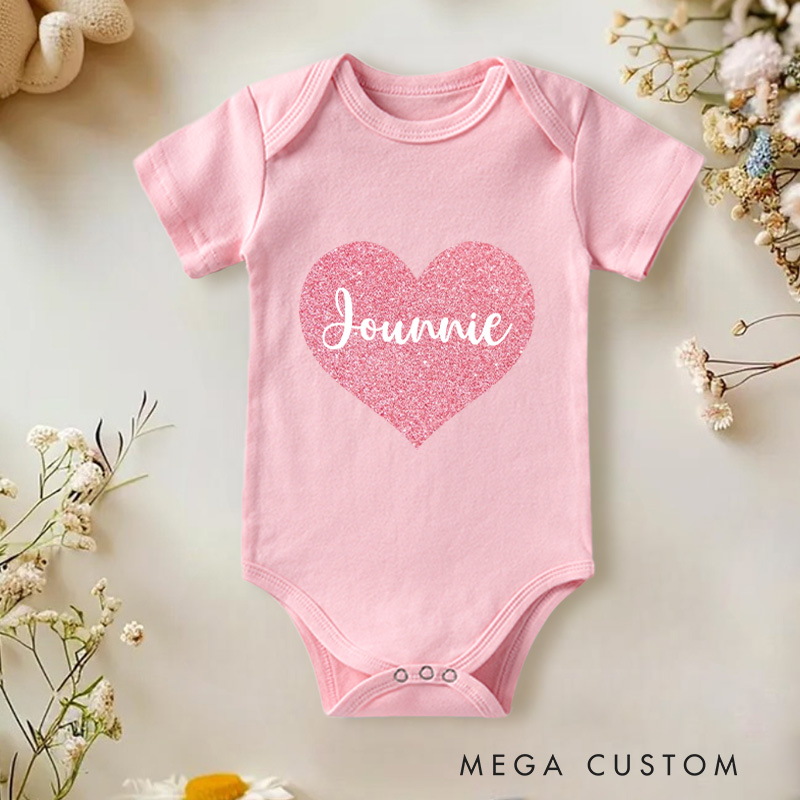 Personalized Pink Glitter Heart Baby Name Gifts for Newborn Pregnancy Announcement Natural Baby Onesie