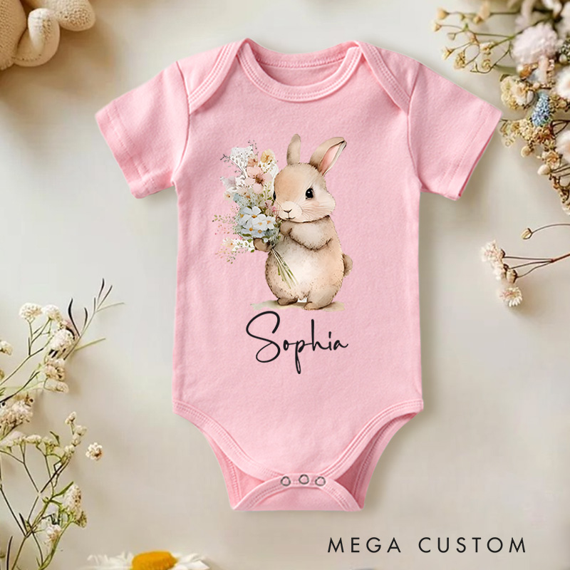 Personalized Easter Cute Bunny With Flower Baby Name Baby Onesie Gift for Newborn Easter Gifts 