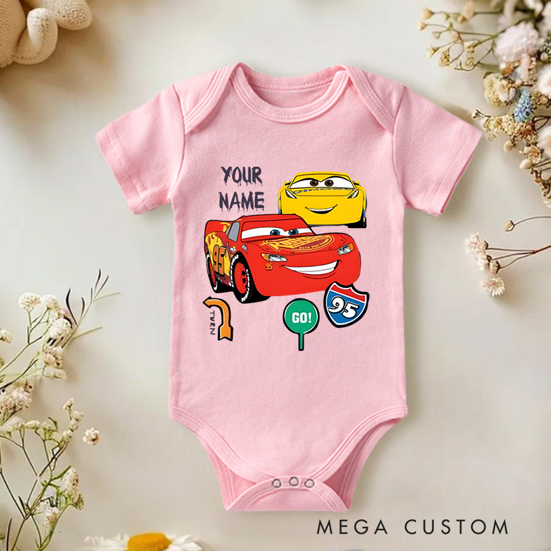 Personalized Cars Themed Design with Lightning McQueen and Cruz Ramirez Baby Onesie