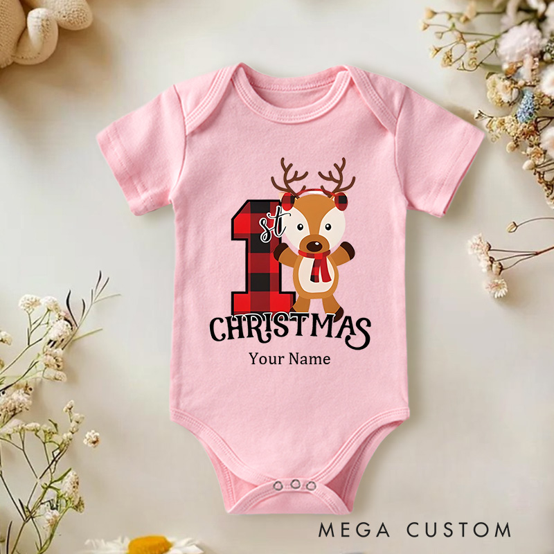 Personalized Baby's 1st Christmas Adorable Reindeer and Plaid Baby Onesie