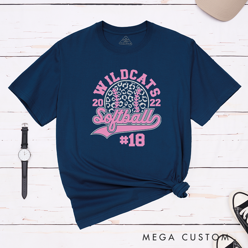 Personalized Customizable Softball Team T-Shirt Design Featuring Bold Arched Team Name Leopard Print Softball Graphic Stylized Script Text for Softball and Custom Player Number