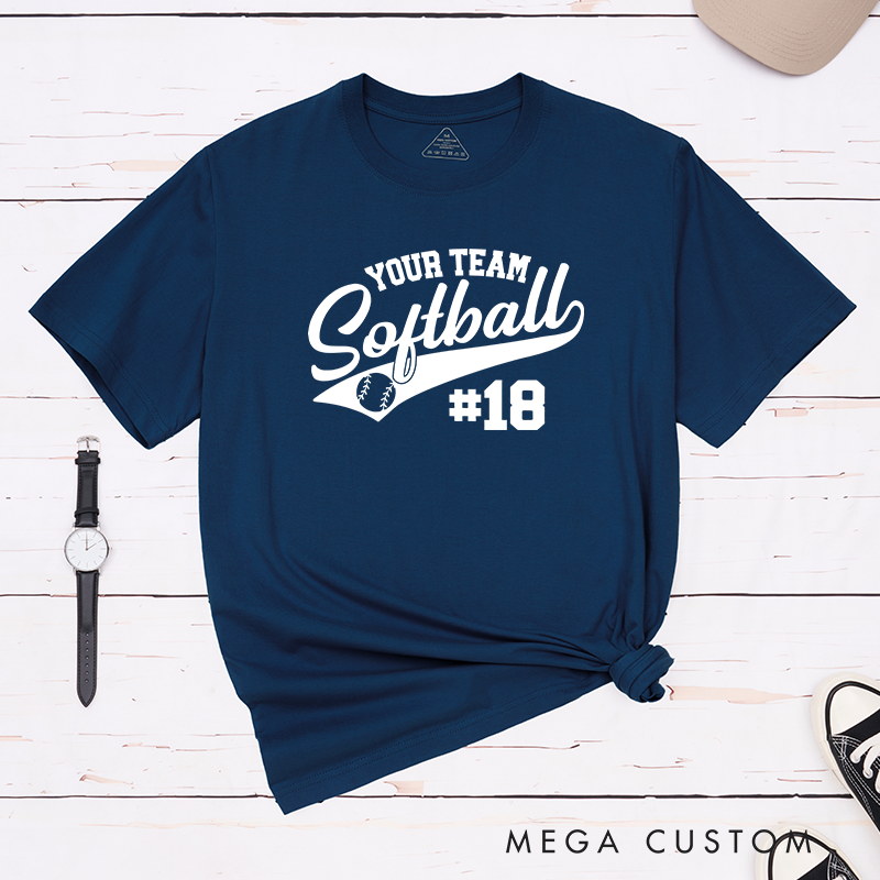 Personalized Softball Team T-Shirt Design Featuring Customizable Team Name Elegant Script Softball Text Dynamic Swoosh Element Baseball Graphic and Custom Player Number