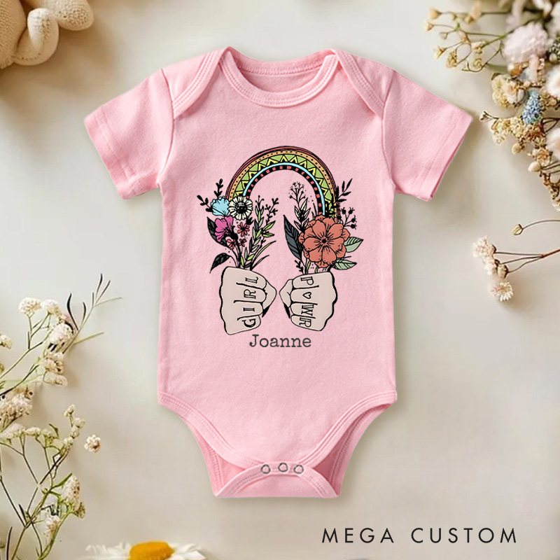 Personalized Girl Power Feminist Rainbow and Fists Baby Onesie Funny Baby Gift