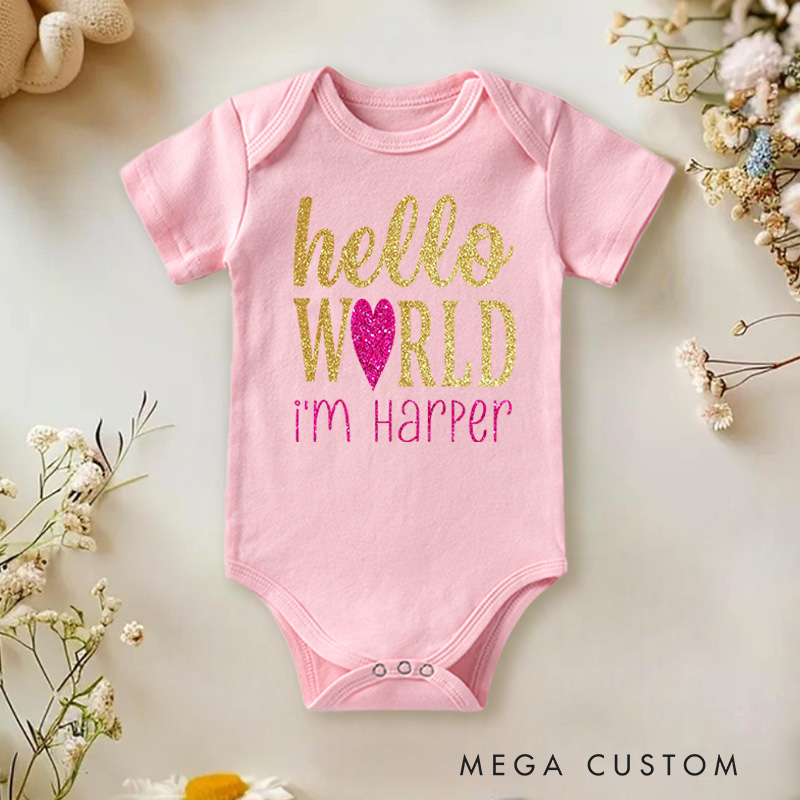 Personalized Hello World Glitter Baby Onesie Baby Announcement Gift