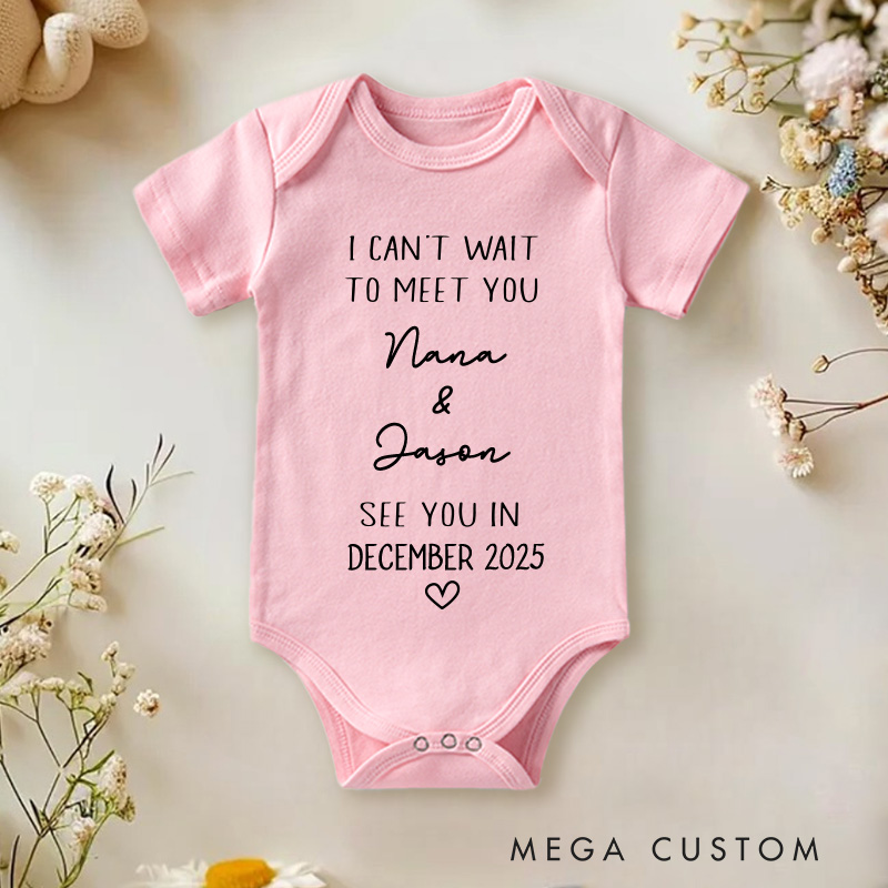 Personalized I Can't Wait To Meet You Baby Onesie Announcement Reveal Gift