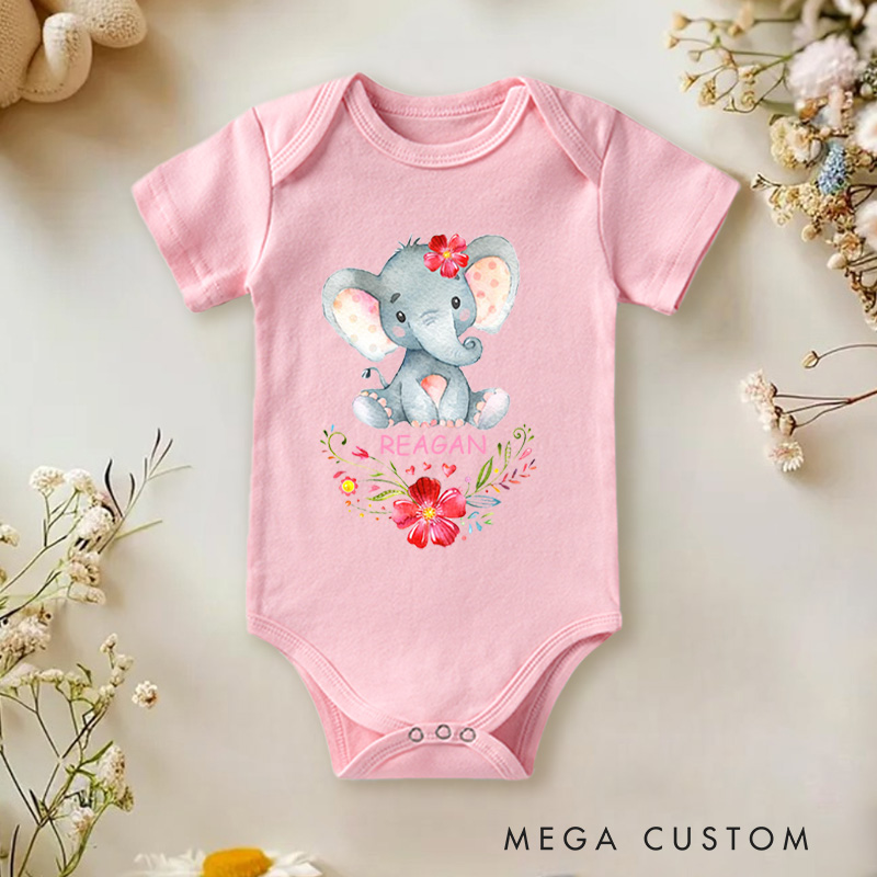Personalized Adorable Floral Elephant Cute Watercolor Design with Flowers Perfect for Kids and Baby Onesie