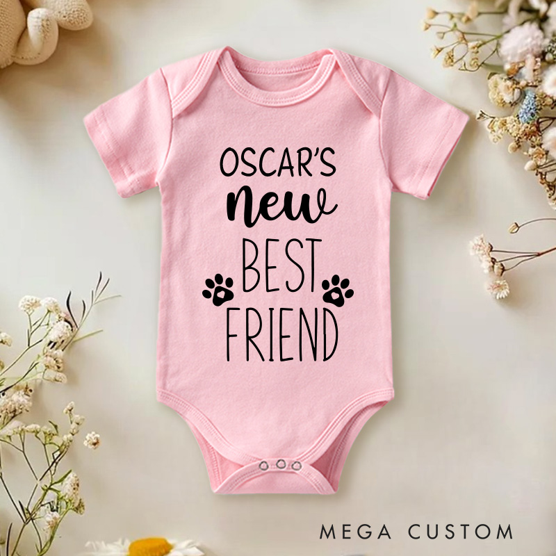 Personalized New Best Friend Baby Onesie with Dog Name New Baby Girl Boy Gift