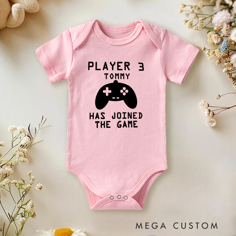Personalized Player 3 Has Joined the Game Fun Gaming for Growing Families Baby Onesie