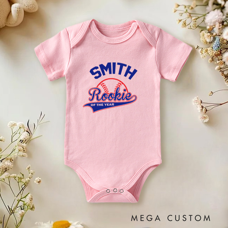 Personalized Rookie of the Year Fun Baseball Themed Design for Newcomers Baby Onesie