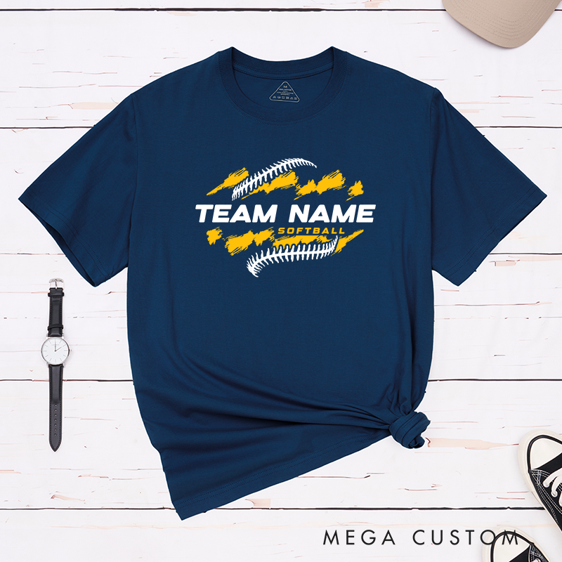 Personalized Softball Team T-Shirt Design Featuring Customizable Team Name Bold Text Dynamic Brushstroke Elements and Softball Stitch Graphics