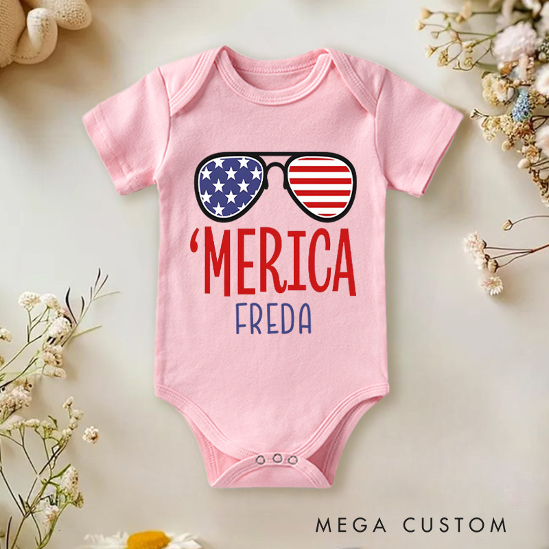 Personalized Merica Glasses Fourth of July Baby Onesie Newborn Baby Gift