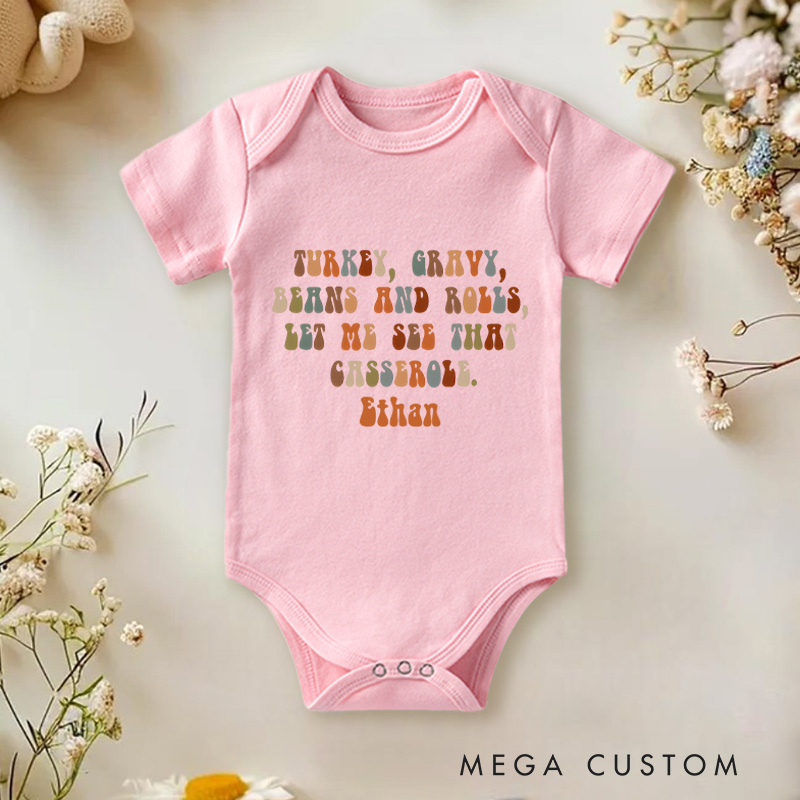Personalized Turkey Gravy Beans and Rolls Let Me See That Casserole Baby Onesie Thanksgiving Baby Gift