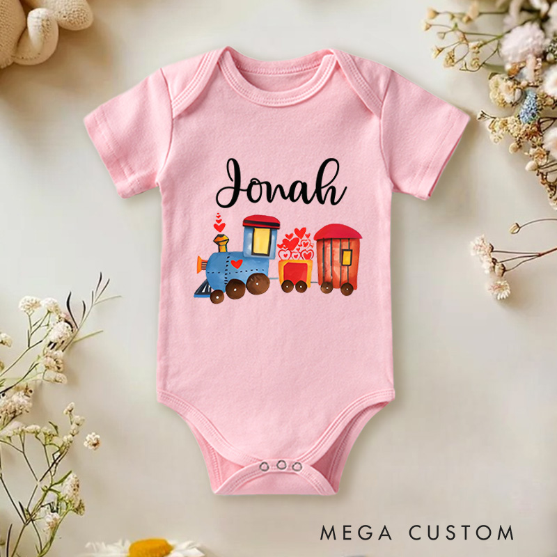 Personalized Valentine's Train Design with Hearts Baby Onesie Funny Baby Gift