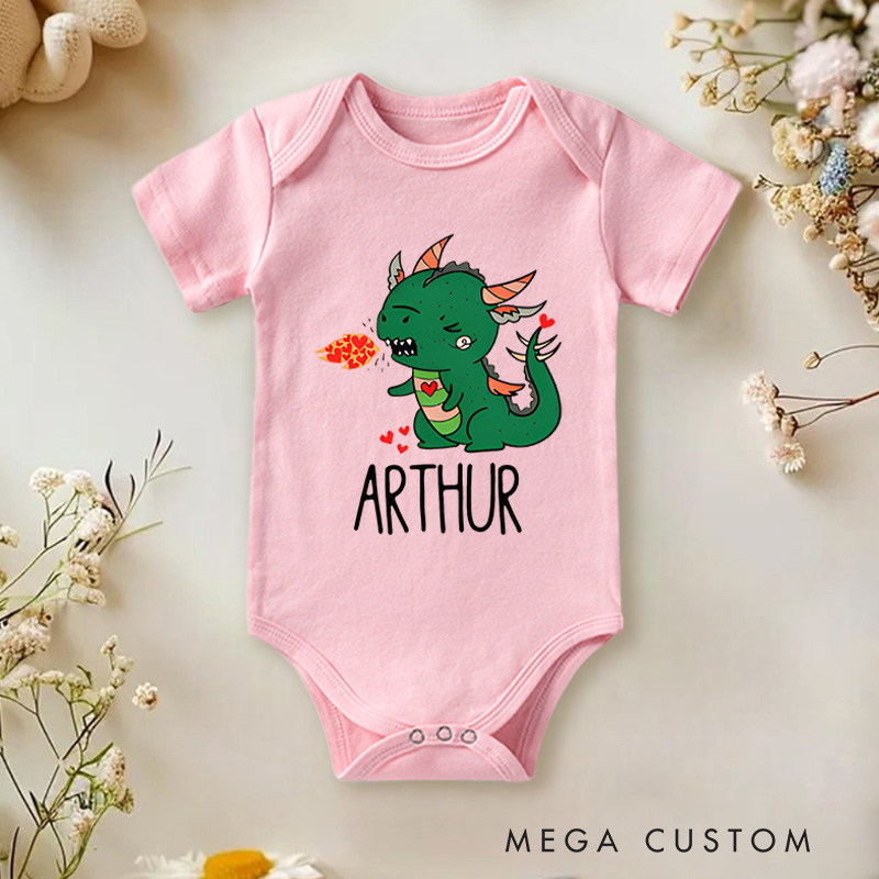 Personalized Cute Dragon Design with Hearts and Fire Baby Onesie Valentine's Day Baby Gift